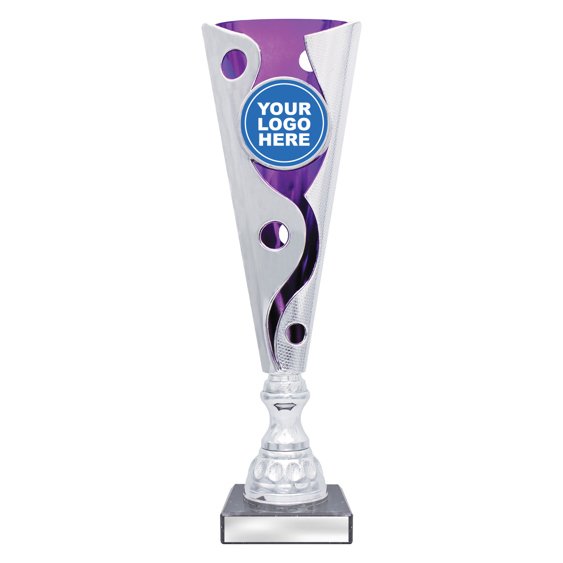 Small tall silver swirl cup trophy with purple inner panel and circular logo insert on square base