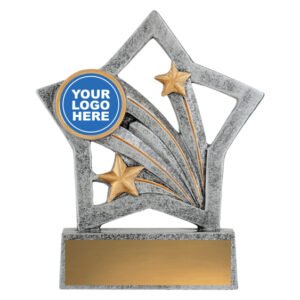 Small silver shooting star trophy with gold stars and circular logo insert holder on base