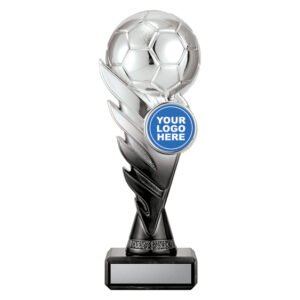 Small silver soccer ball trophies with centre logo insert and black base for football awards