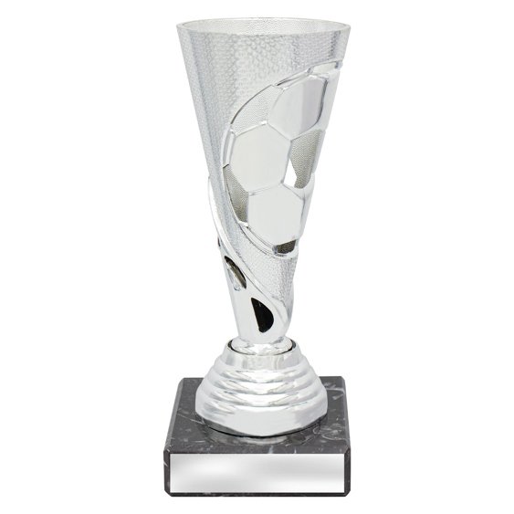Extra small silver soccer cup trophy with embossed football design on purple column and black base with blank engraving plate