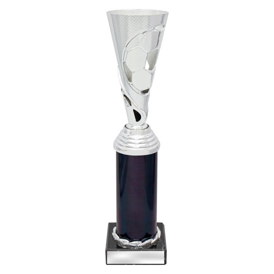 Extra large silver soccer cup trophy with embossed football design on purple column and black base with blank engraving plate