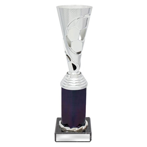 Large silver soccer cup trophy with embossed football design on purple column and black base with blank engraving plate