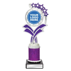 Medium silver star trophy with purple column and centre logo insert on marble base