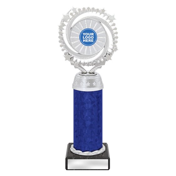 Extra large silver starburst trophy with circular star ring top, blue column centre and engraving plate on black base