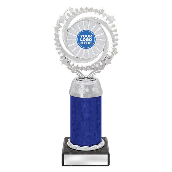 Large silver starburst trophy with circular star ring top, blue column centre and engraving plate on black base