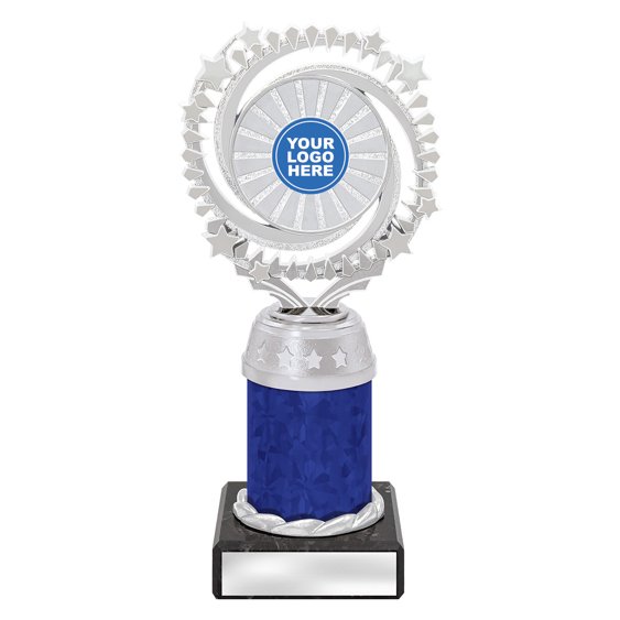 Medium silver starburst trophy with circular star ring top, blue column centre and engraving plate on black base