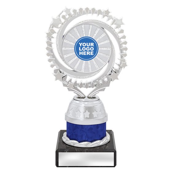 Small silver starburst trophy with circular star ring top, blue column centre and engraving plate on black base