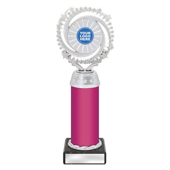 Extra large silver starburst trophy with circular star ring top, pink column centre and engraving plate on black base