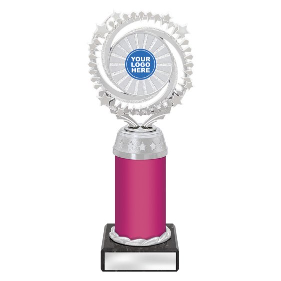 Large silver starburst trophy with circular star ring top, pink column centre and engraving plate on black base