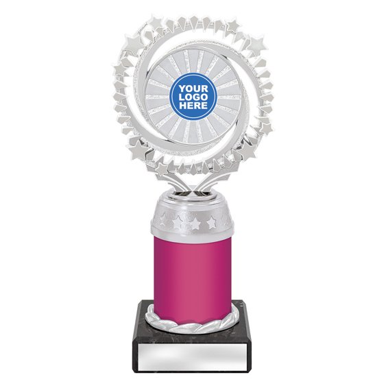 Medium silver starburst trophy with circular star ring top, pink column centre and engraving plate on black base