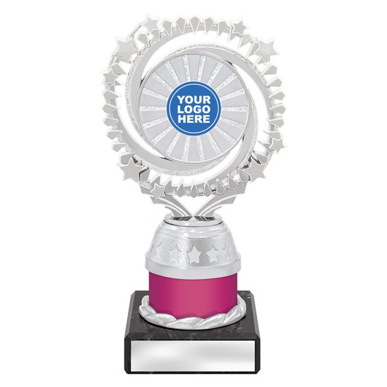 Small silver starburst trophy with circular star ring top, pink column centre and engraving plate on black base