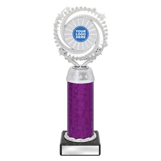 Extra large silver starburst trophy with circular star ring top, purple column centre and engraving plate on black base