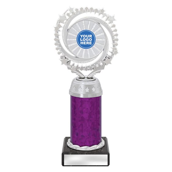 Large silver starburst trophy with circular star ring top, purple column centre and engraving plate on black base