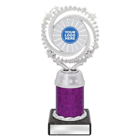Medium silver starburst trophy with circular star ring top, purple column centre and engraving plate on black base