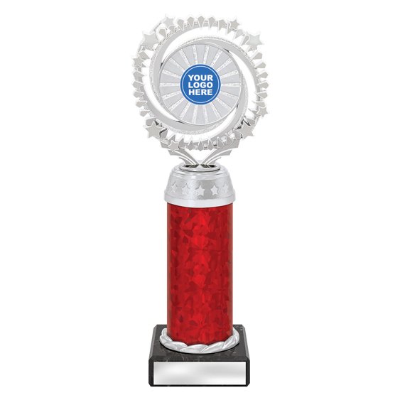 Extra large silver starburst trophy with circular star ring top, red column centre and engraving plate on black base