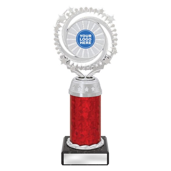 Large silver starburst trophy with circular star ring top, red column centre and engraving plate on black base