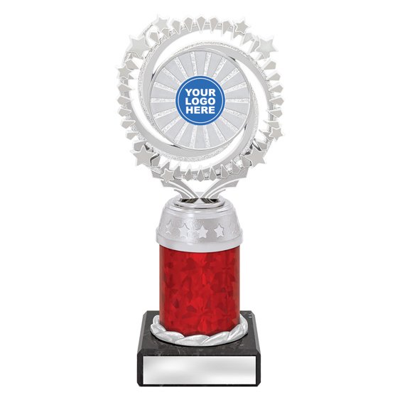 Medium silver starburst trophy with circular star ring top, red column centre and engraving plate on black base