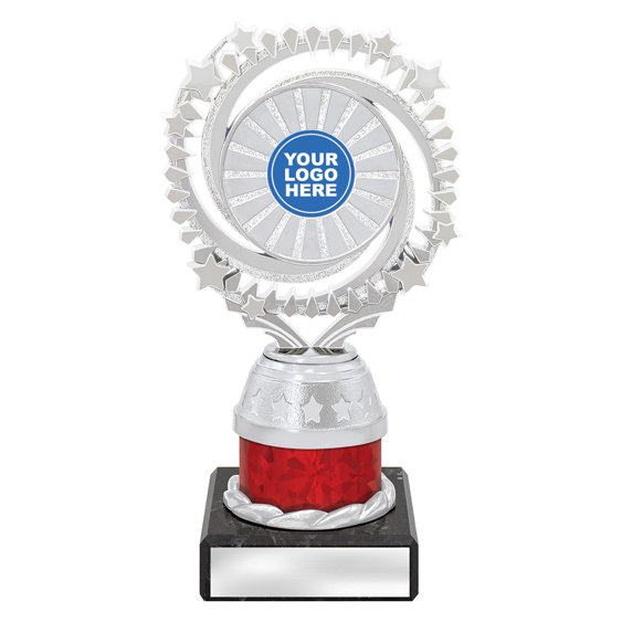 Small silver starburst trophy with circular star ring top, red column centre and engraving plate on black base