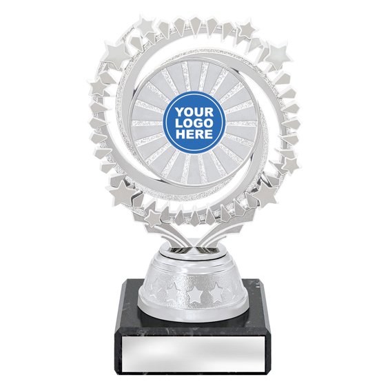 Silver starburst trophy with circular star ring top, logo insert and engraving plate on marble base