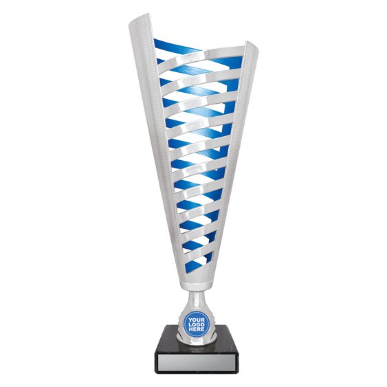 Extra small tall silver cup trophy with vertical cutout lattice design, blue inner panel detail, round logo insert holder and black marble base with engraving plate.