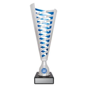 Medium tall silver cup trophy with vertical cutout lattice design, blue inner panel detail, round logo insert holder and black marble base with engraving plate.