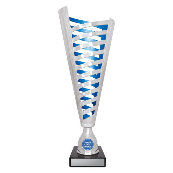 Small tall silver cup trophy with vertical cutout lattice design, blue inner panel detail, round logo insert holder and black marble base with engraving plate.