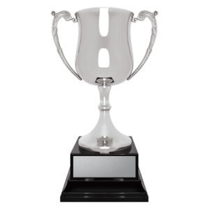 Small polished silver traditional cup trophy with ornate scroll handles, rounded body and black stepped base with engraving plate.