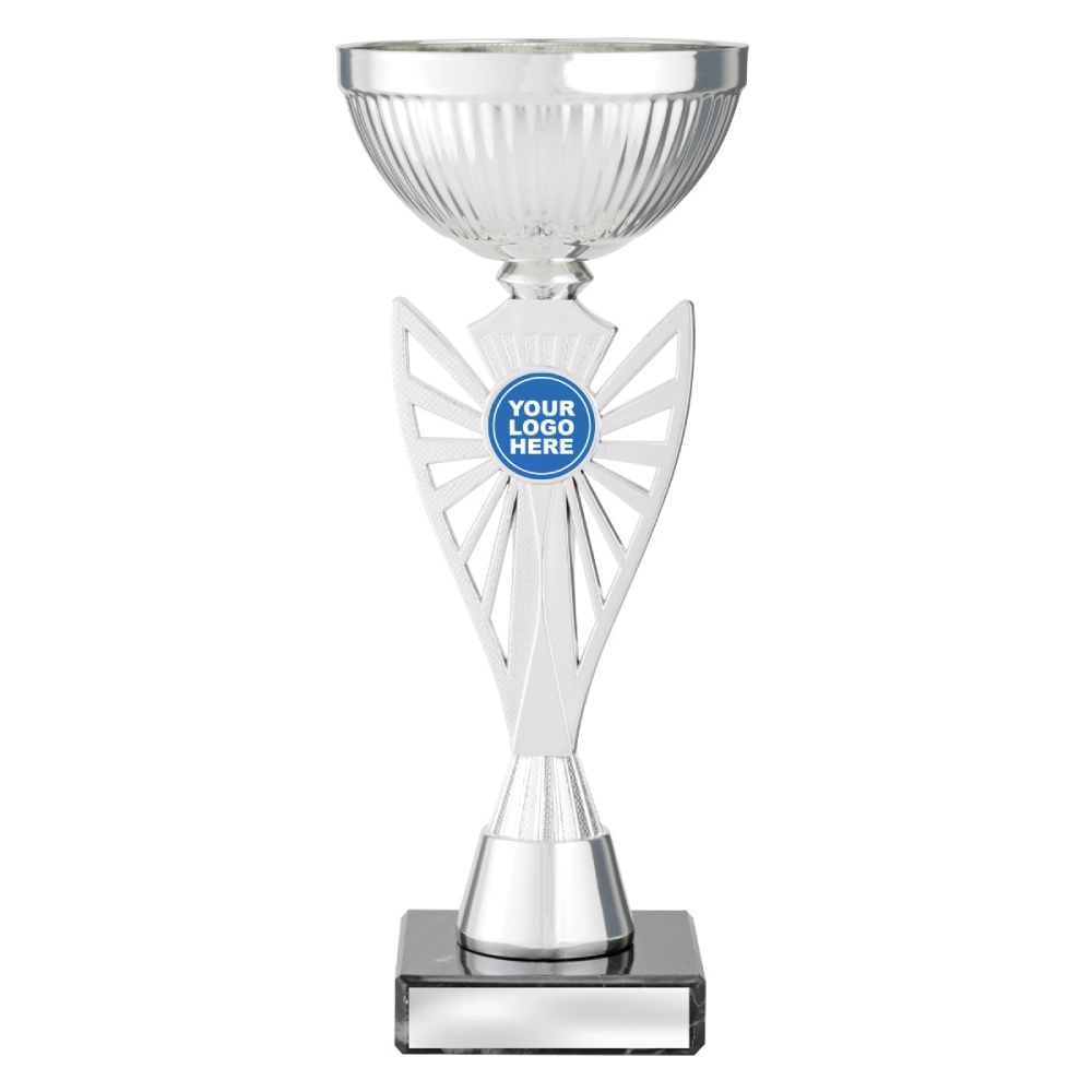 Silver metal cup trophy with ribbed bowl, winged stem design, logo insert holder and black marble base