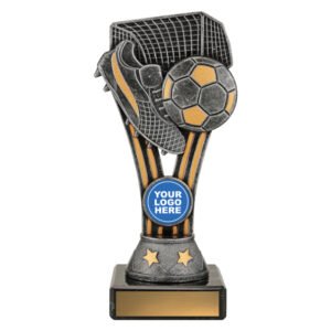 Small silver and gold soccer trophy with boot, ball, and goal net on black base.
