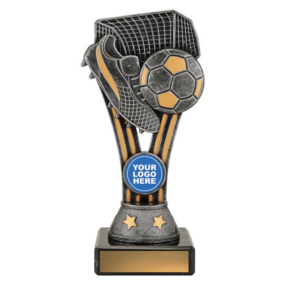 Small silver and gold soccer trophy with boot, ball, and goal net on black base.