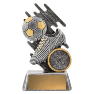Small soccer trophy with silver boot and ball featuring gold panel highlights, star emblem insert and gold engraving plate on textured silver base.