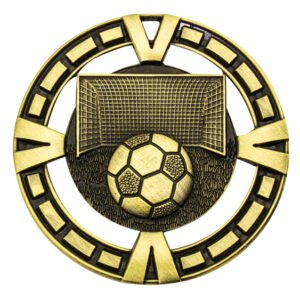 Gold soccer medal with raised football, boot, curved swirl lines, and stars inside circular border with top loop.