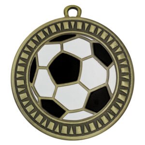 Antique gold soccer medal with large cut out football centre and patterned circular border with ribbon loop at top.
