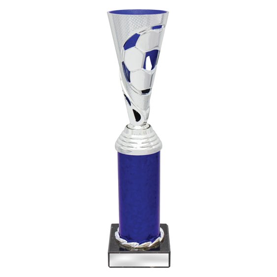 Extra large silver soccer cup trophy with ball cutout design and blue column base on black plinth.