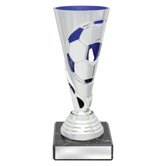Silver soccer cup trophy with ball cutout design and blue column base on black plinth.