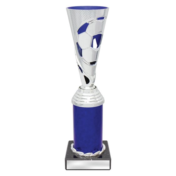 Large silver soccer cup trophy with ball cutout design and blue column base on black plinth.