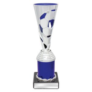 Medium silver soccer cup trophy with ball cutout design and blue column base on black plinth.