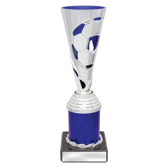 Medium silver soccer cup trophy with ball cutout design and blue column base on black plinth.
