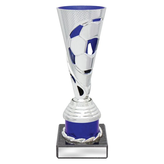 Small silver soccer cup trophy with ball cutout design and blue column base on black plinth.