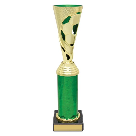Extra large gold soccer cup trophy with ball cutout design and green column base on black plinth.
