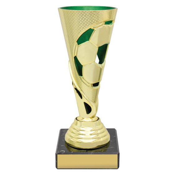 Gold soccer cup trophy with ball cutout design and green column base on black plinth.