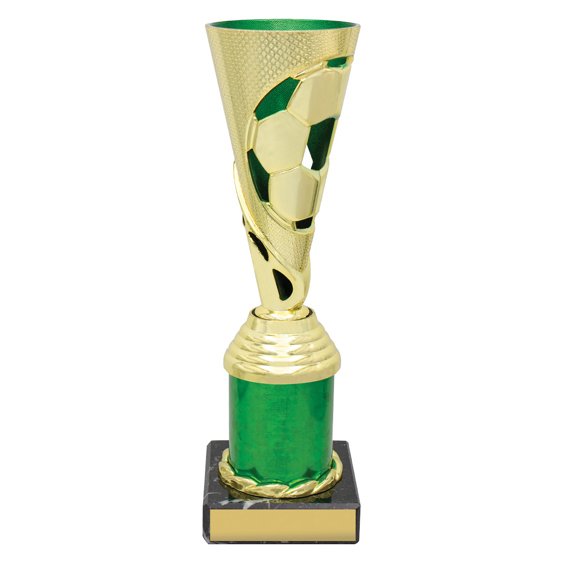 Medium gold soccer cup trophy with ball cutout design and green column base on black plinth.