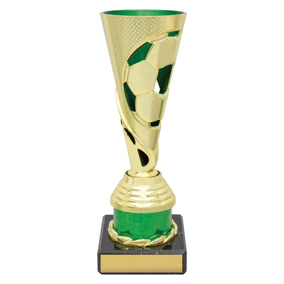 Small gold soccer cup trophy with ball cutout design and green column base on black plinth.