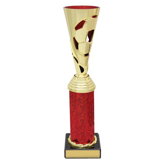 Extra large gold soccer cup trophy with ball cutout design and red column base on black plinth.