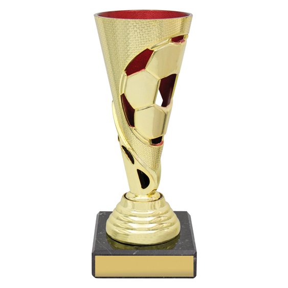 Gold soccer cup trophy with ball cutout design and red column base on black plinth.