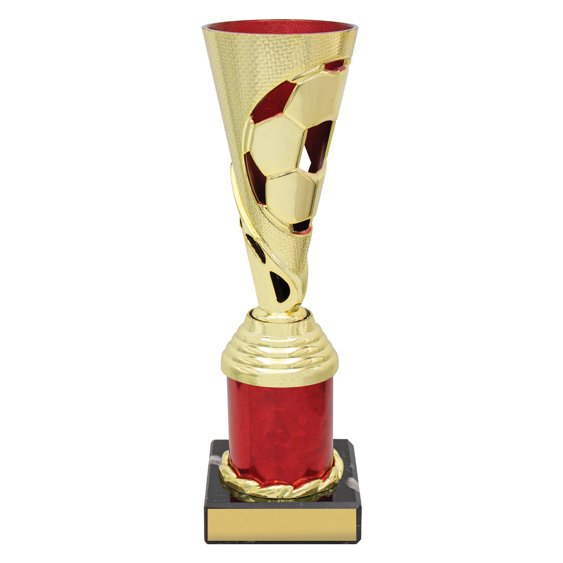 Medium gold soccer cup trophy with ball cutout design and red column base on black plinth.