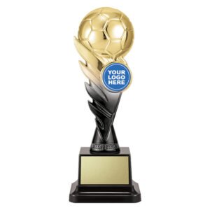 Gold soccer ball trophy with flame shaped black column, circular centre logo insert, and square black base with plaque.