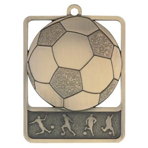 Gold soccer medal with large central ball inside square frame and player silhouettes along bottom panel.