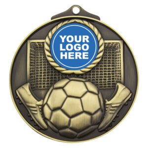 Gold soccer medal with ball, goal net, boots, and centre logo insert.