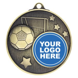 Gold soccer medal with ball, goal net, star design, and centre logo insert.
